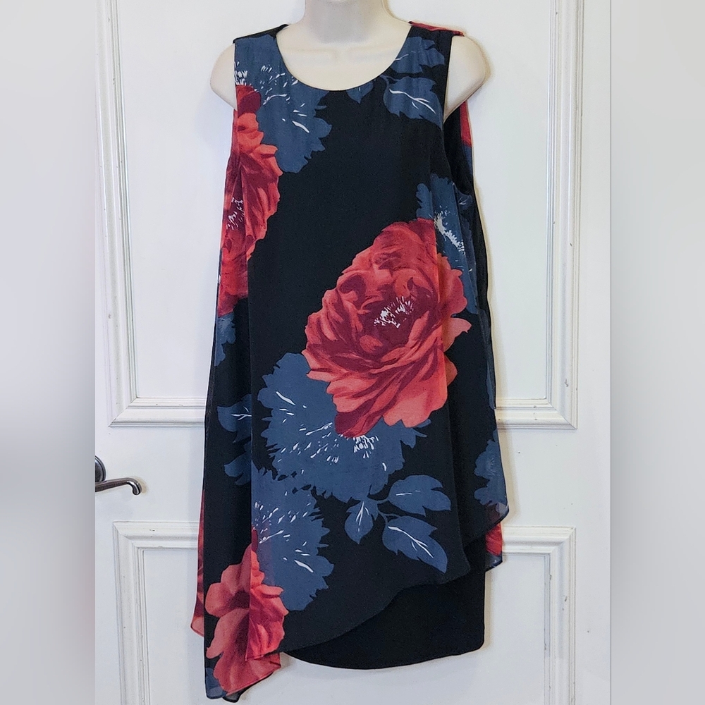 SLNY Black/Red/Blue Multicolor Floral Sleeveless Sheath Dress W/Overlay,Size 12